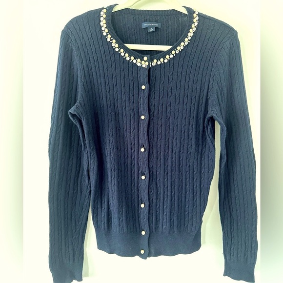 TOMMY HILFIGER Navy Blue Cabled Cardigan Sz M Pearl Rhinestone Trim Soft Cottony - Picture 4 of 6